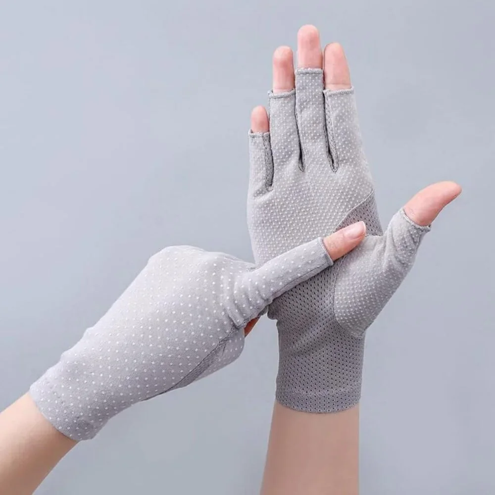 Women's Protection Outdoor Fingerless Beige Blue Gloves Silicone Print
